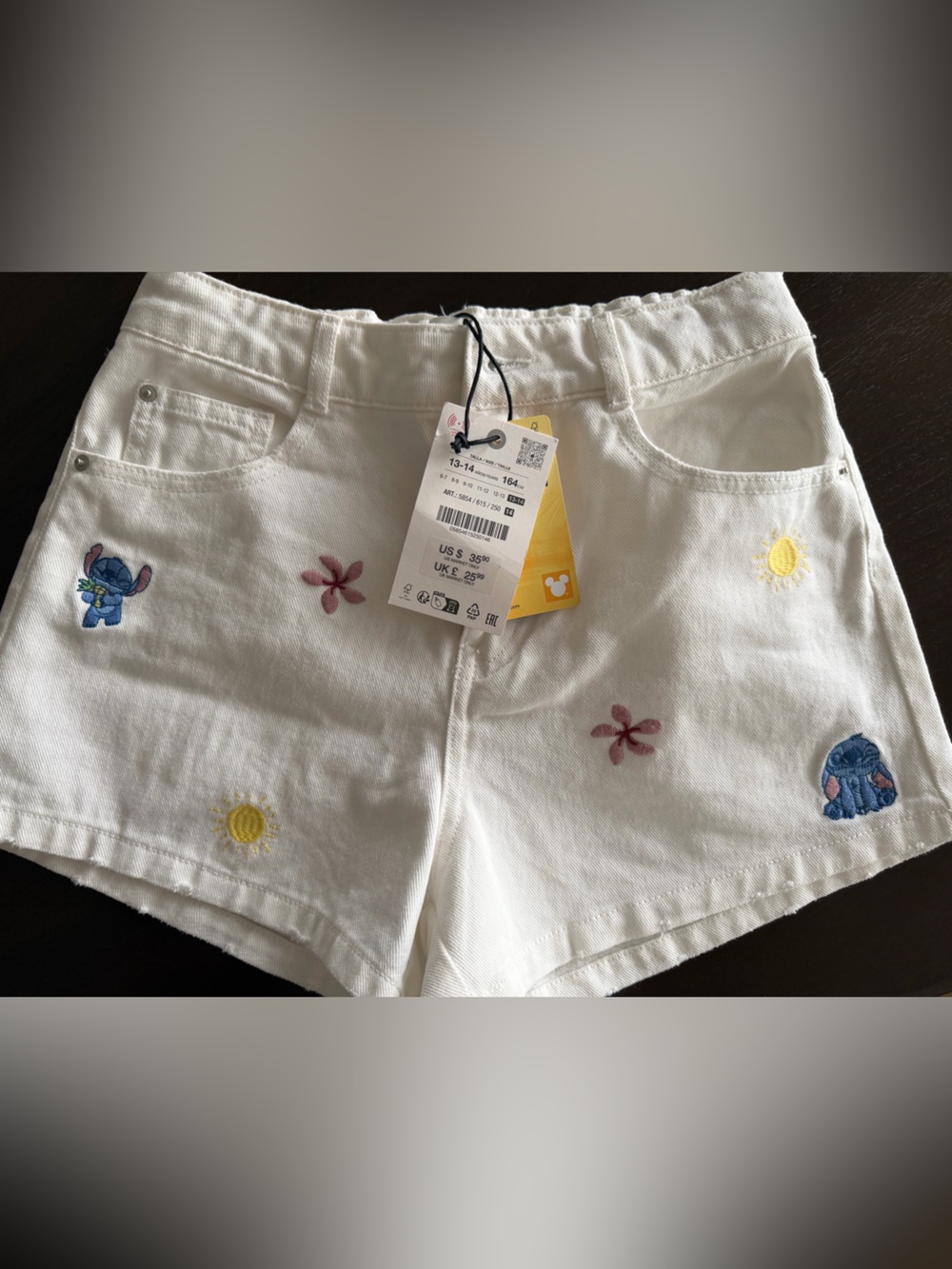 Zara White Kids Shorts with Embroidered Characters and Flowers